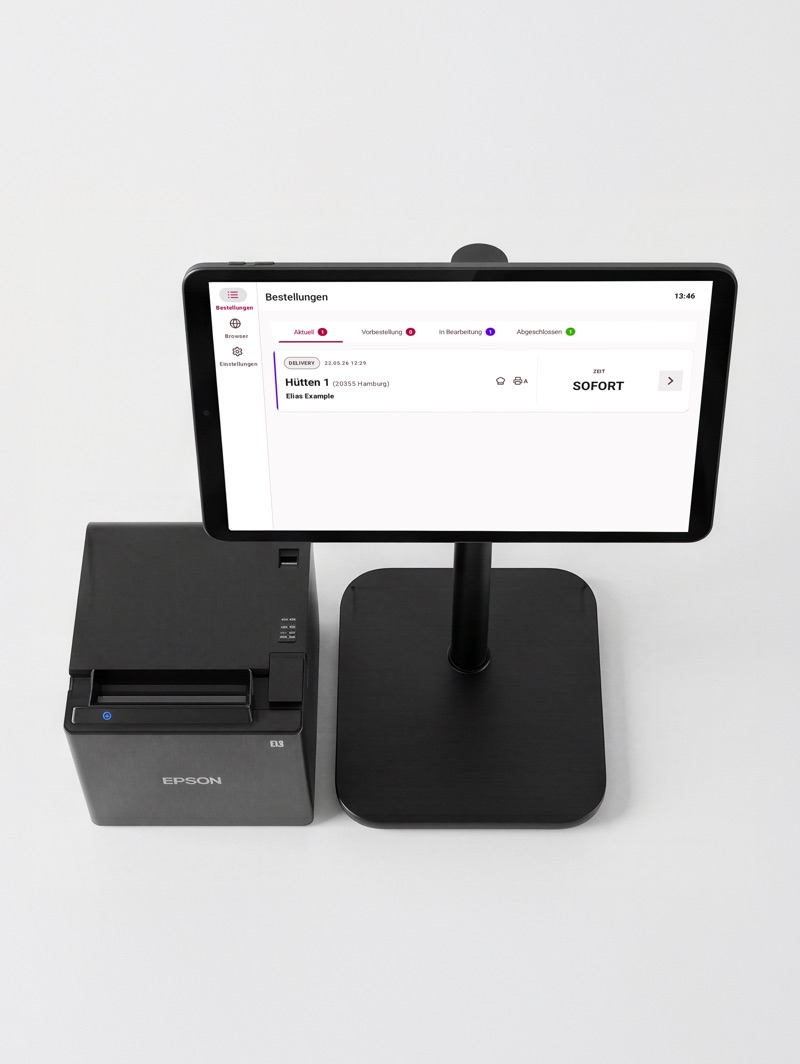 Tablet mit ORDERU App und Bondrucker von oben